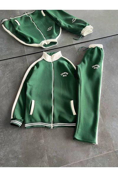 bergibo Oversize Zippered Tracksuit Set - Bottom Top Double Tracksuit Set - 3 Yarn 100% Compact Combed Tracksuit