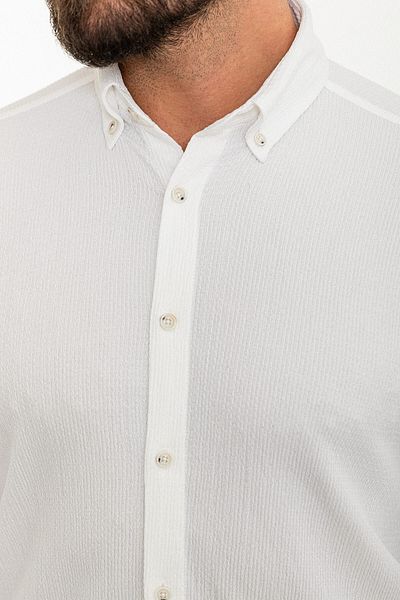 Mcr Striped White Slim Fit Long Sleeve Seersucker Men's Shirt