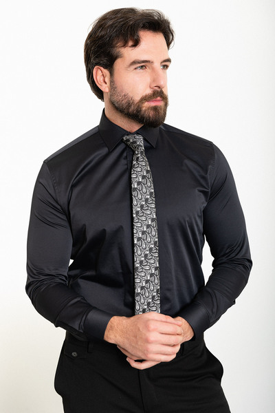 Mcr Ανδρικό πουκάμισο μονόχρωμο Slim Fit Satin Classic Μαύρο - 37920.19Y