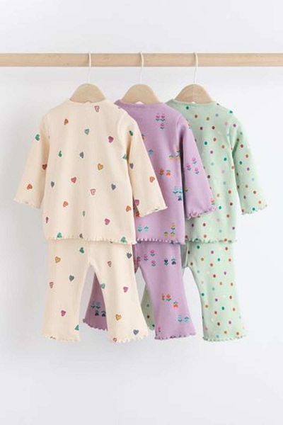 Next Baby Cream Lilac Heart Flower Patterned Long Sleeve 3-Piece Top and Bottom Set