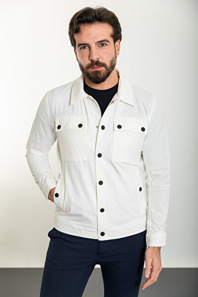 Mcr Düz Ekru Slim Fit Gömlek Yaka Erkek Mont