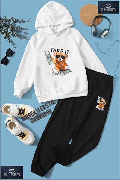 SİNSER TEKS Παιδικό σετ φόρμας με κουκούλα AYICIK TAKE IT με στάμπα