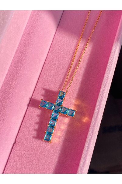 h&b design jewel Çelik Gold Mavi Taşlı Haç Kolye