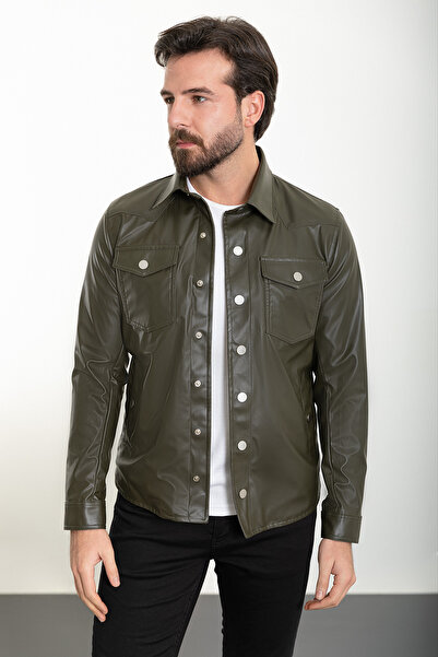 Mcr Прямий Slim Fit сорочка з коміром Штучна шкіра Чоловічий пальто Хакі - 39...