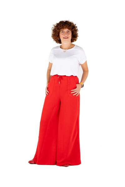 Portakal Esintisi Wide Belted Linen Look Wide Leg Women's Trousers