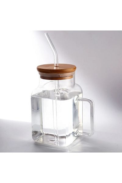 MİMOZA PARK Borosilicate Presentation Cup with Bamboo Lid - Brown, with Handle and Handle