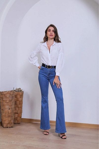 LİMABEL Pantaloni albaștri cu talie înaltă pentru femei, blugi evazați din lycra