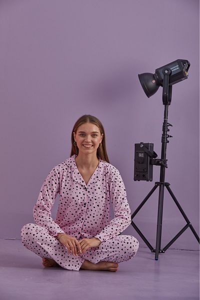 Free Beka Heart Patterned Long Sleeve Pajama Set - Buttoned Front, Turn-Down Collar