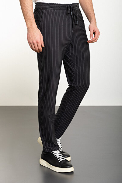 Mcr Striped Super Slim Fit Elastic Waist Drawstring Men's Trousers Black - 38252.24Y