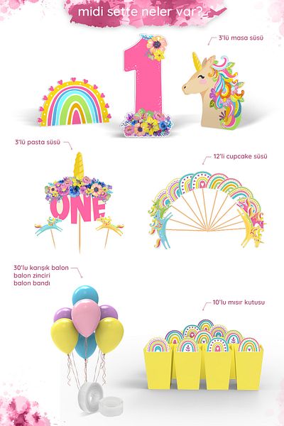 Hey Parti Concept de ziua de naștere cu unicorn de 1 an - Set de petrecere Midi