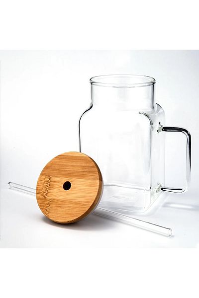 MİMOZA PARK Borosilicate Presentation Cup with Bamboo Lid - Brown, with Handle and Handle