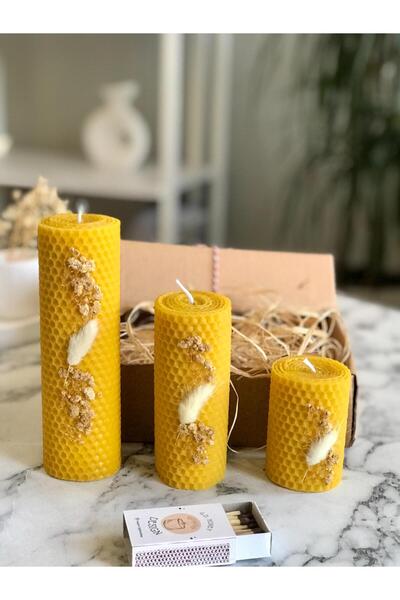 gd honey desing %100 Doğal Dekoratif Petek Balmumu 3’lü Bal Mum Set Beyaz Çiçekli Hediyelik Mum Özel Tasarım Mum