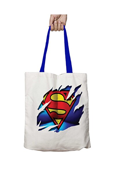 ART HEDİYE Superman Blues Washable Shoulder Bag with Blue Handles