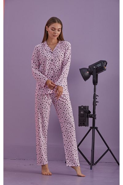 Free Beka Heart Patterned Long Sleeve Pajama Set - Buttoned Front, Turn-Down Collar