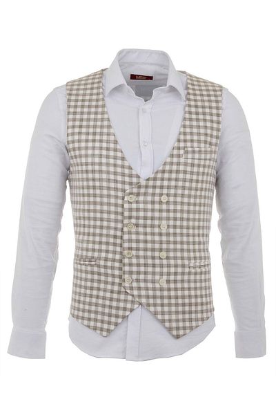 Mcr Checkered Slim Fit Double Breasted Men's Vest Khaki - 40938.17Y