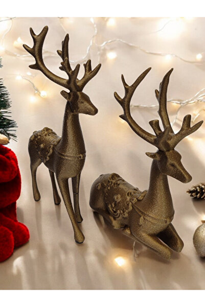 Maflen Yılbaşı Dekoru Geyik Ayakta ve Oturan 2li Set Dekoratif Obje Bronz