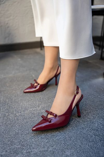 LAMİNTA Maritza Burgundy Bow Detaliat Cataramă Curea Legată Pantofi Damă Cu Toc