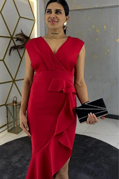 modalev Scuba kumaş önü fırfırlı davet elbisesi