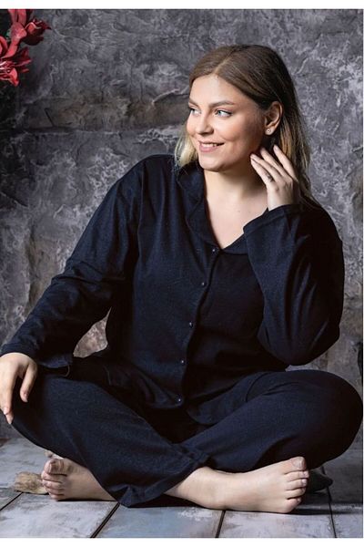 Free Beka Women's Long Sleeve Buttoned Front Pajamas Set Black Solid Color Youth and Adult Sleepwear