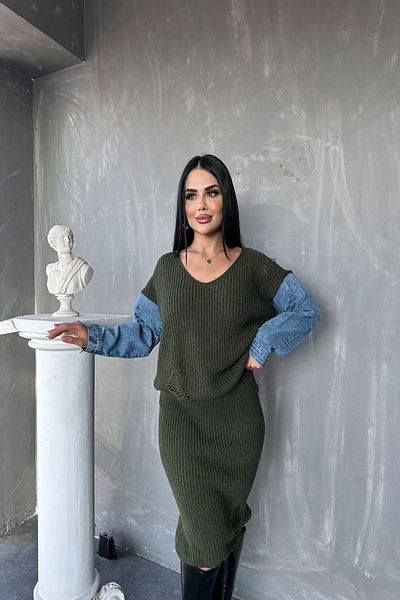 LİLA İSTANBUL V-Neck Sleeve Detailed Ribbed Double Knitwear Suit (Standard Size S/M/L/Xl Compatible)