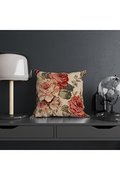 Hayal Dekoratif Ethnic Nostalgia Rose Patterned Digital Printed 4-Piece Seat Pillow Throw Pillow Cover Set