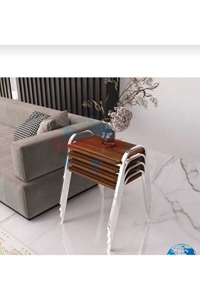İLİNA 4'lü Zigon Sehpa Tepsi Zigon Model Nikelaj Kaplama Metal Ayaklı