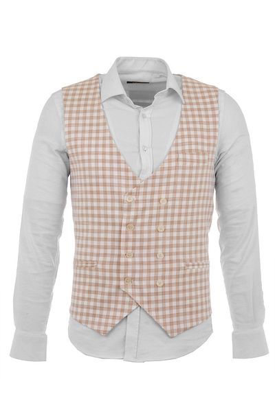 Mcr Checkered Slim Fit Double Breasted Men's Vest Beige - 40938.17Y