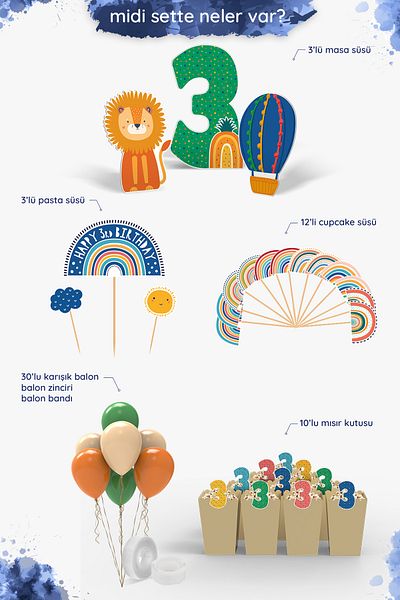 Hey Parti Σετ πάρτι γενεθλίων 3 ετών - Θέμα Rainbow, Multicolor Boho Baby - Midi