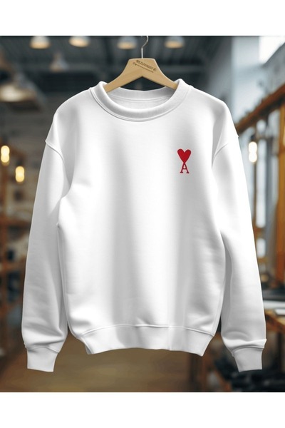 OVER HEAD Kadın Beyaz A Kalp Basklı Bisiklet Yaka Sweatshirt