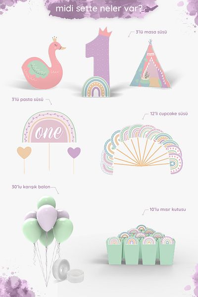Hey Parti Σετ πάρτι γενεθλίων με θέμα το Boho Rainbow για κοριτσάκι 1 έτους - Midi