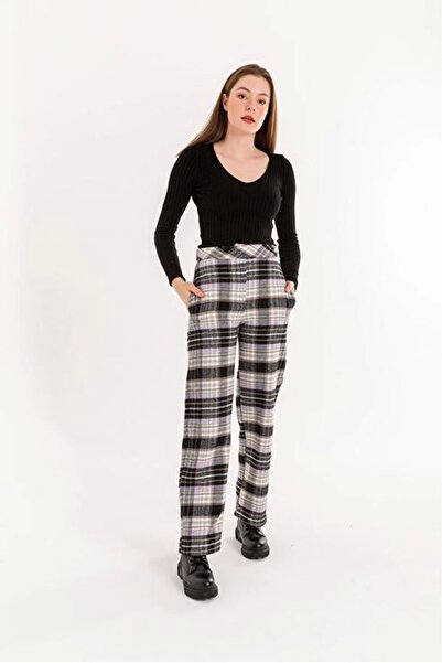 Genel Markalar Ekose Kumaş Rahat Kalıp Kadın Pantolon-Lila