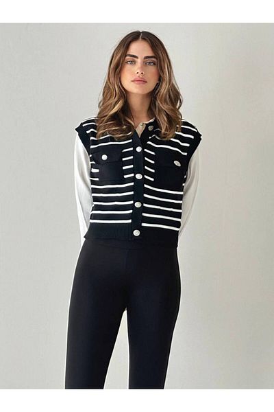 Pienk Black and White Striped Knitwear Premium Women's Sweater