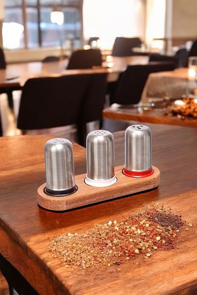FİTHOME Set of 3 Stainless Steel - Seasoning and Salt Cafe Restaurant with Wooden Stand