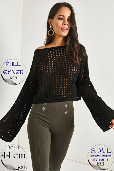 KaSheHa Siyah Kayık Yaka Fileli Tunik Ajurlu Bluz 44 Cm