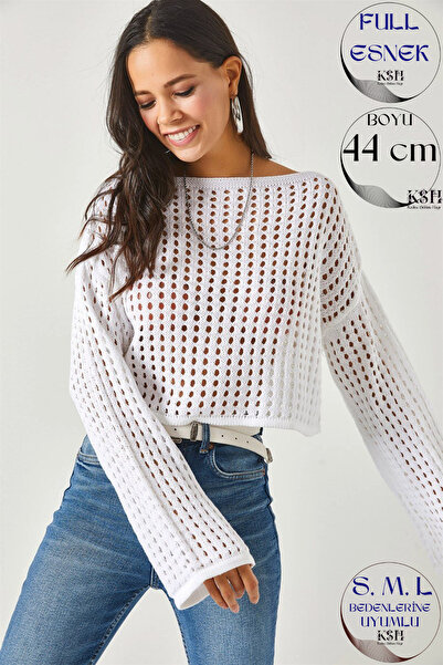 KaSheHa Beyaz Kayık Yaka Fileli Tunik Ajurlu Bluz 44 Cm