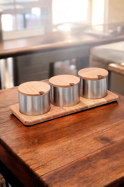 FİTHOME 3-Piece Stainless Steel Spice Rack Sugar Bowl with Wooden Stand Cafe Restorant Spice Rack