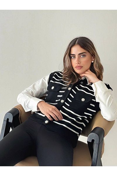 Pienk Black and White Striped Knitwear Premium Women's Sweater