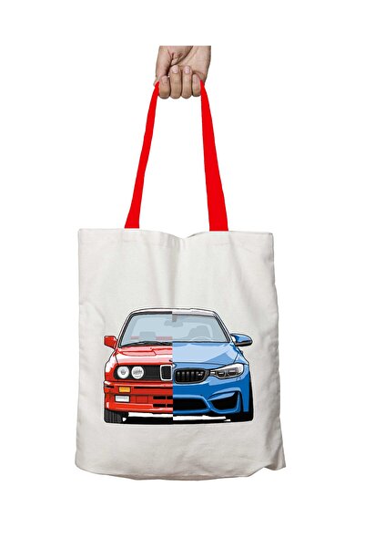 ART HEDİYE حقيبة كتف بي ام دبليو M3 حمراء وزرقاء قابلة للغسل بمقبض أحمر