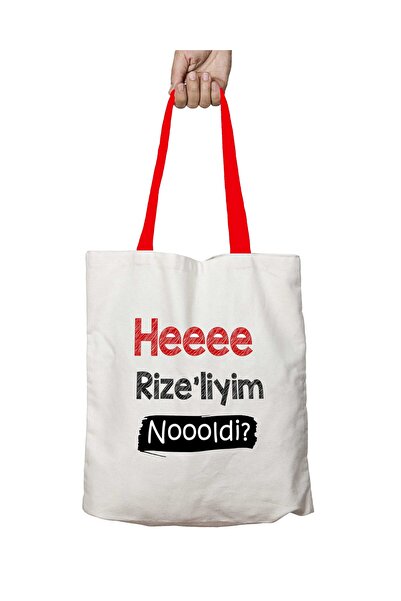 ART HEDİYE I'M Heee Rize Nooooldi Washable Shoulder Bag with Red Handles