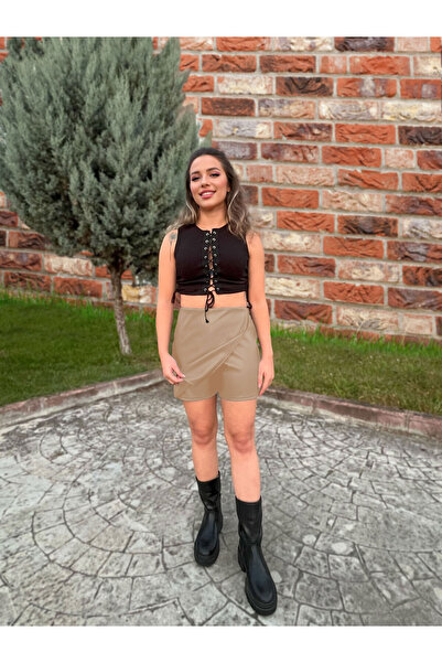 SUHIS Fusta mini scurtă cu dungi în două piept din piele artificială bej