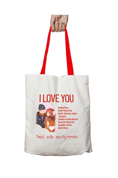 ART HEDİYE Valentine's Day 7 Washable Shoulder Bag with Red Handles