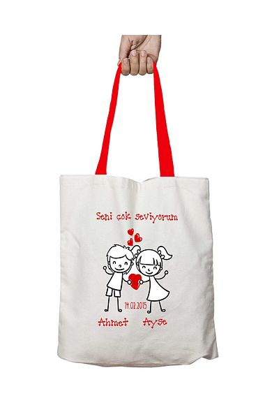 ART HEDİYE I Love You Valentine's Day Washable Shoulder Bag with Red Handles