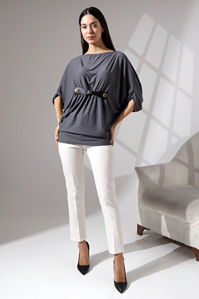 Şiir Touba Women's Bat Sleeve Belt Detailed Diagonal Jacquard Knitted Blouse & Combed Cotton Blouse