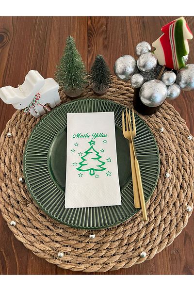 kidspartim Set of 16 White Happy Green Gilt Pine Tree Napkins