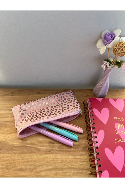 minyaturhayalim pembe benekli kalemlik kalem kutusu makyaj çantası astarlıdır yıkanabilir ölçüleri 20-10cm