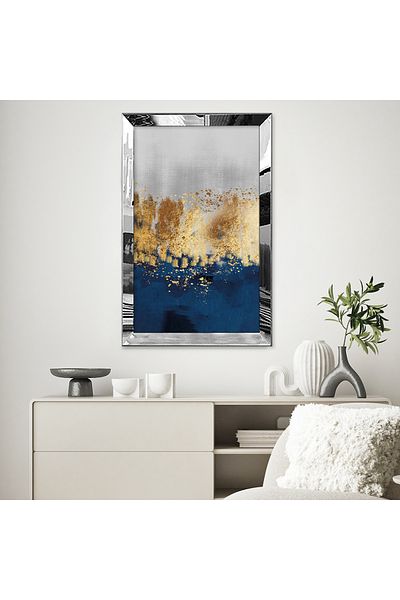 Zevahir Mobilya Dekorasyon Masa din MDF cu un singur cadru din plexiglas cu oglinda argintie, albastru, auriu si gri, cu textura abstracta