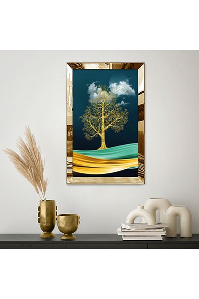 Zevahir Mobilya Dekorasyon Gold Mirrored Plexiglass Framed 3D View Χρυσό Χρώμα Δέντρο Τοπίο Μονό Τραπέζι MDF