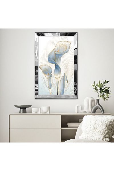 Zevahir Mobilya Dekorasyon Masa MDF cu rame din plexiglas cu oglinda argintie, fundal alb, dungi aurii, crin albastru