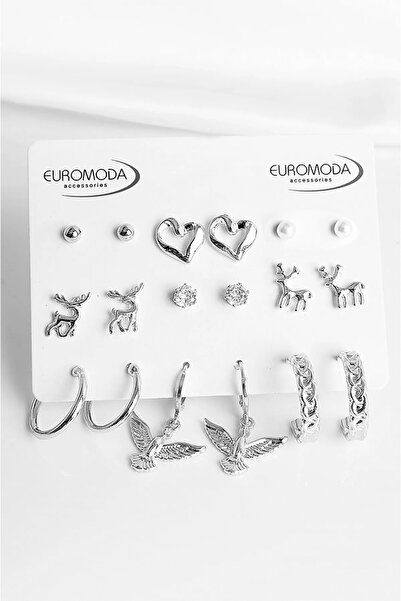 EUROMODA Melek Kalp ve Geyik Tasarımlı İnci Zirkon Halka ve Top Küpeli 9lu Küpe Seti