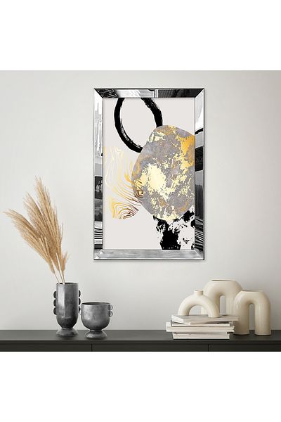 Zevahir Mobilya Dekorasyon Masa MDF cu un singur cadru din plexiglas cu oglinda argintie, fundal bej, forme de culoare neagra, gri si aurie